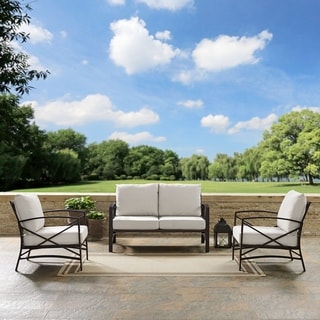 kaplan 3 pc outdoor seating set with oatmeal cushion - loveseat, two outdoor chairs - 137"W x 35.5"H x 65"D
