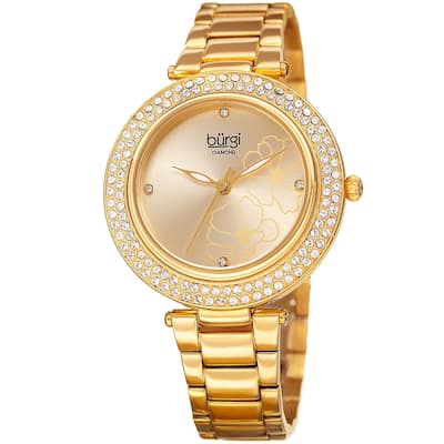Burgi Women's Diamond Swarovski Crystal Hawaiian Flower Gold-tone Bracelet Watch