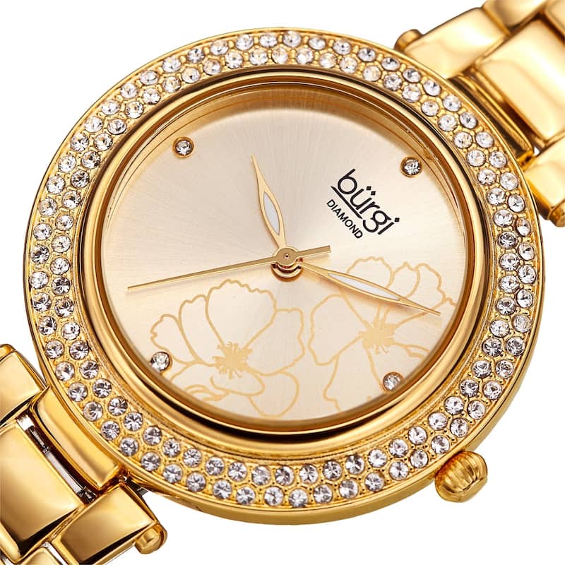 Burgi Women's Diamond Swarovski Crystal Hawaiian Flower Gold-tone Bracelet Watch