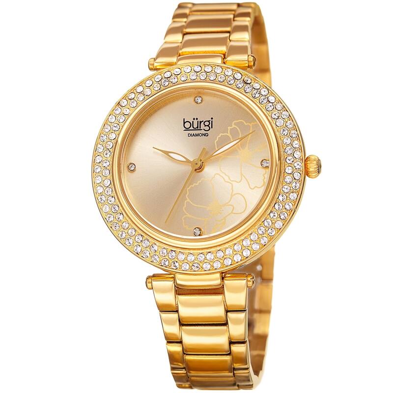 Burgi Women's Diamond Swarovski Crystal Hawaiian Flower Gold-tone Bracelet Watch