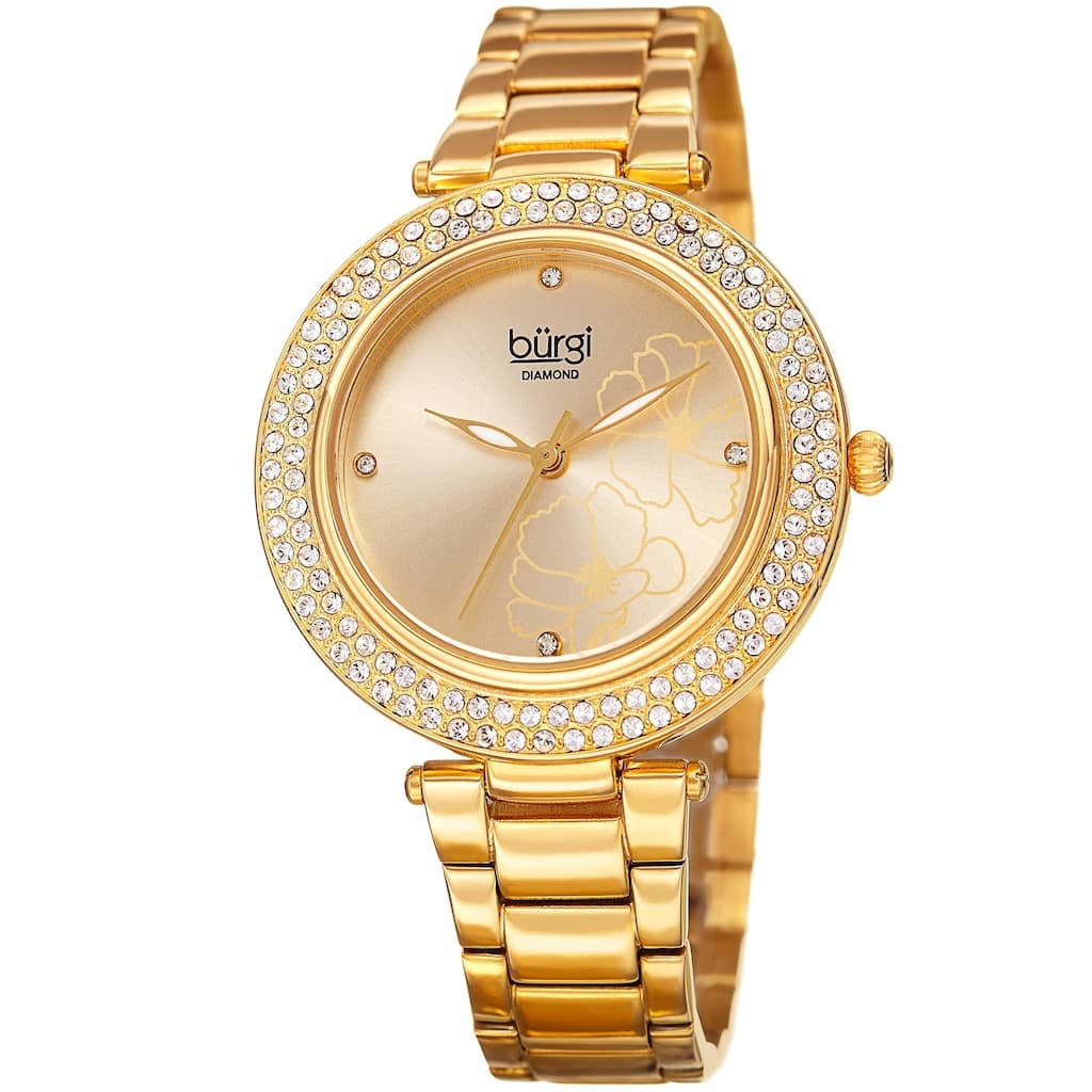 Burgi Women's Diamond Swarovski Crystal Hawaiian Flower Gold-tone Bracelet Watch