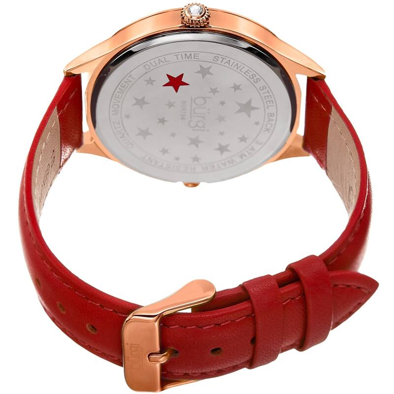 Burgi Women's Crystal Wave Dual Time Red Leather Strap Watch