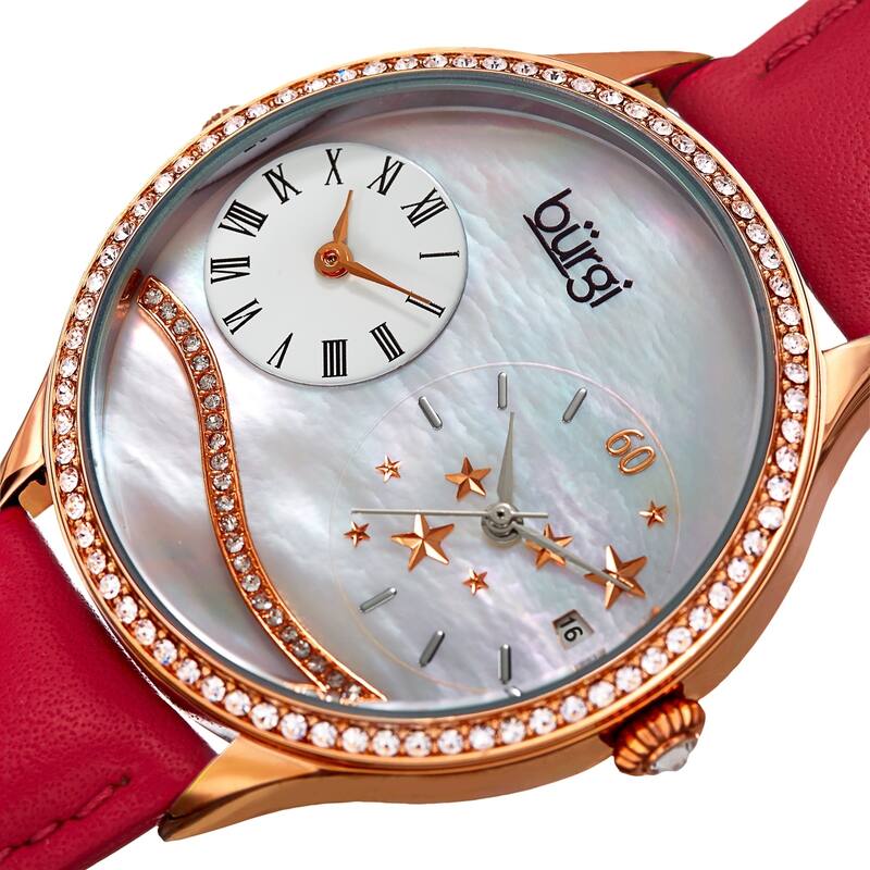 Burgi Women's Crystal Wave Dual Time Red Leather Strap Watch
