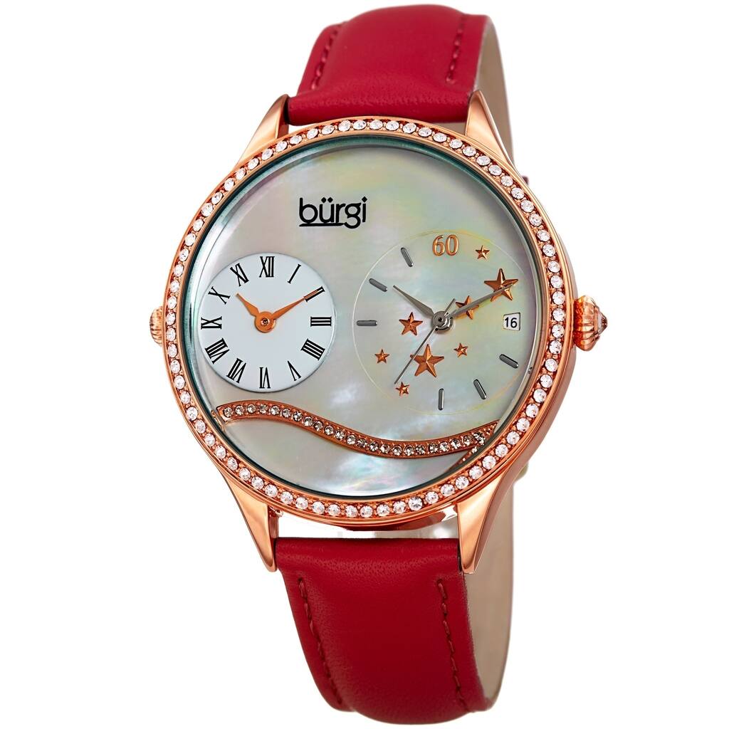Burgi Women's Crystal Wave Dual Time Red Leather Strap Watch