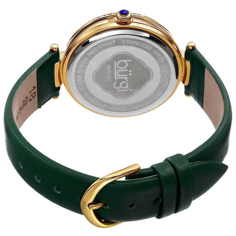 Burgi Women's Quartz Diamond Date Crystal Green Leather Strap Watch