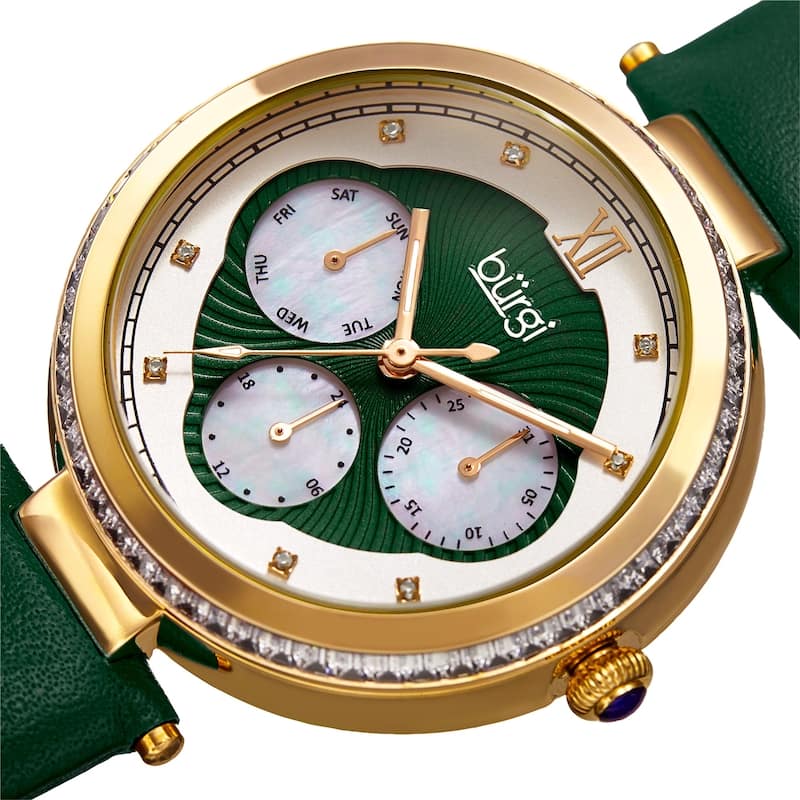 Burgi Women's Quartz Diamond Date Crystal Green Leather Strap Watch