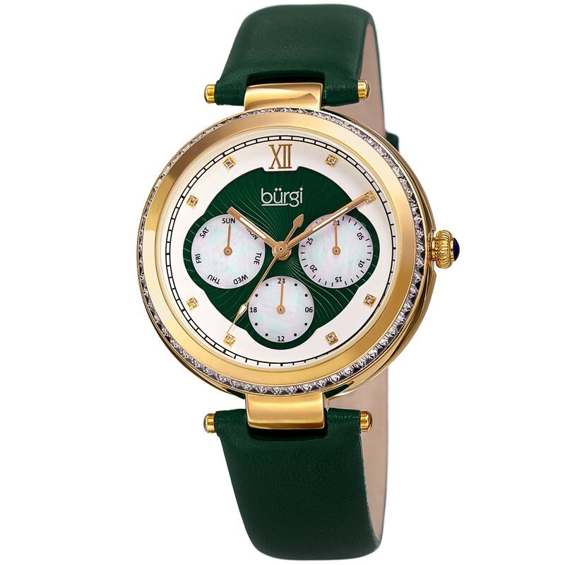 Burgi Women's Quartz Diamond Date Crystal Green Leather Strap Watch