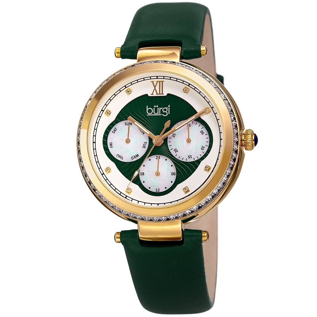 Burgi Women's Quartz Diamond Date Crystal Green Leather Strap Watch