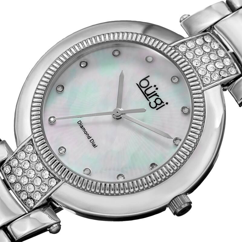 Burgi Women's Diamond Coin Edge Dial Crystal Lugs Silver-tone Bracelet Watch
