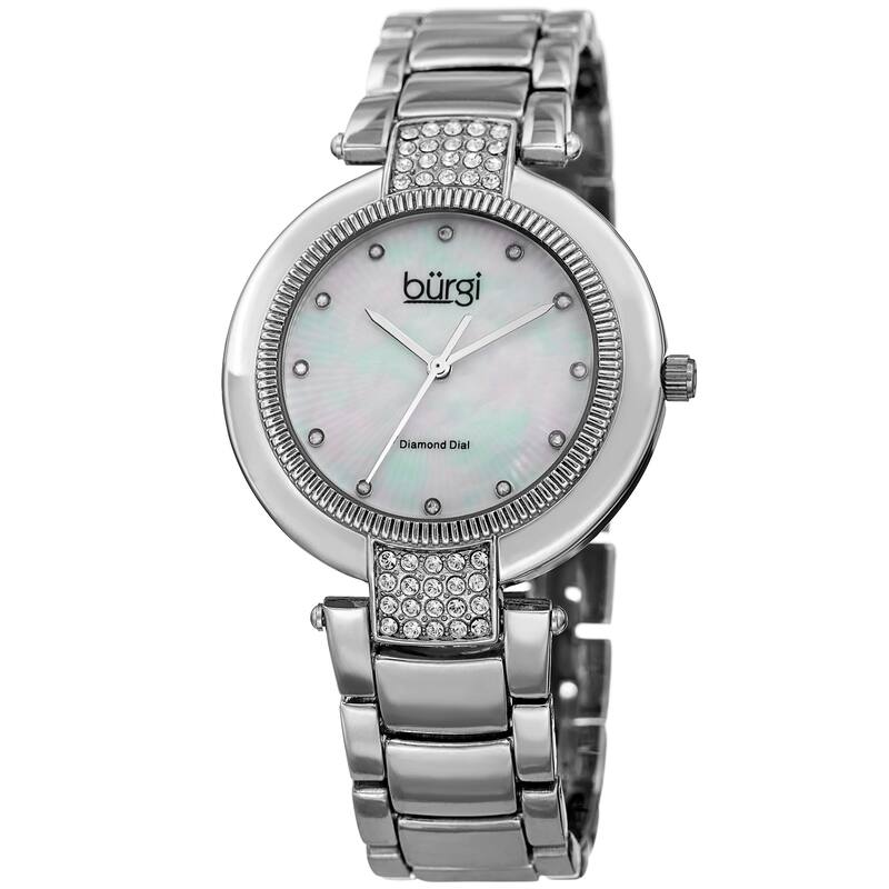 Burgi Women's Diamond Coin Edge Dial Crystal Lugs Silver-tone Bracelet Watch
