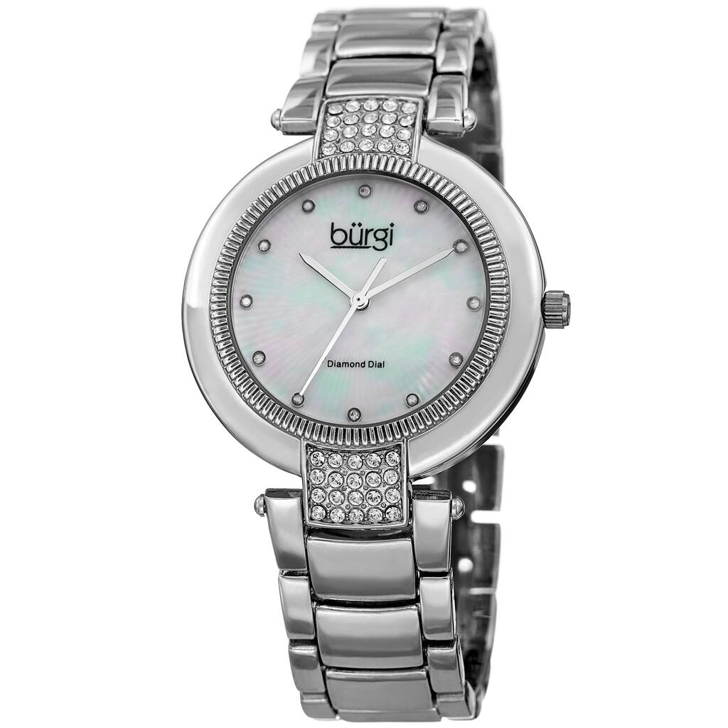 Burgi Women's Diamond Coin Edge Dial Crystal Lugs Silver-tone Bracelet Watch