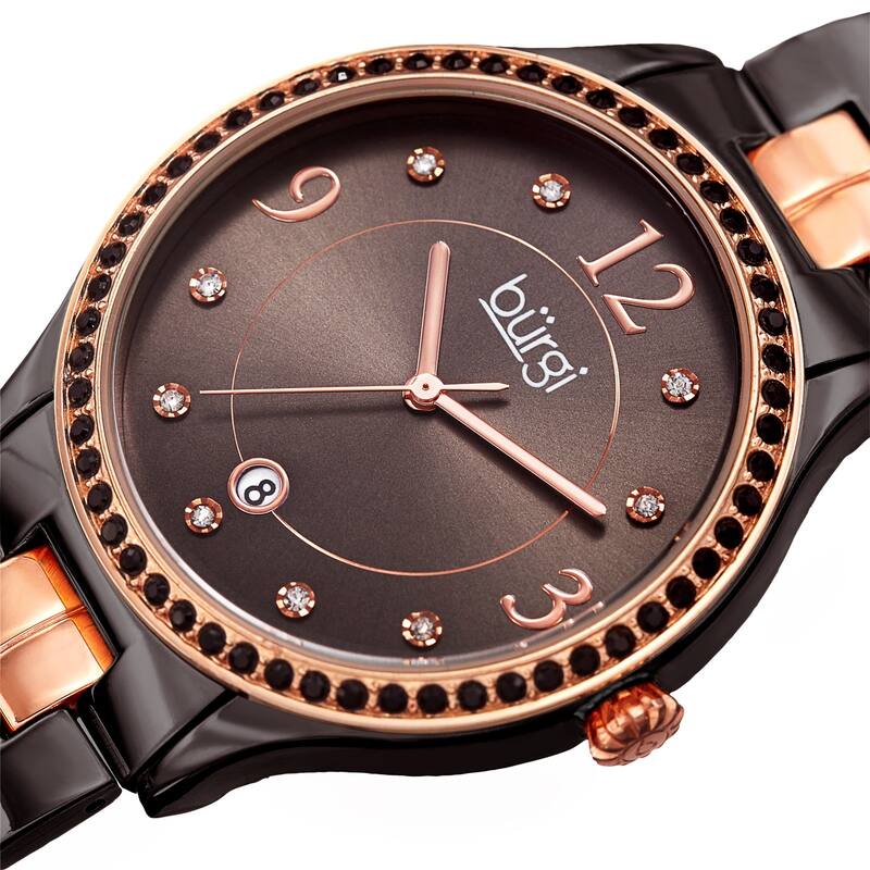 Burgi Women's Swarovski Crystal Date Sunray Dial Rose-tone Bracelet Watch