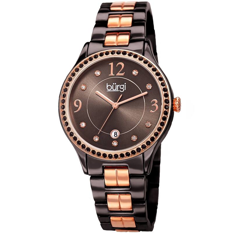 Burgi Women's Swarovski Crystal Date Sunray Dial Rose-tone Bracelet Watch