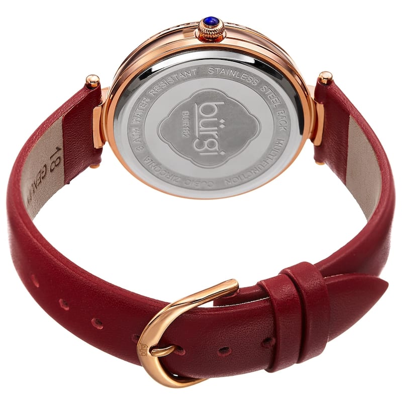 Burgi Women's Quartz Diamond Date Crystal Red Leather Strap Watch