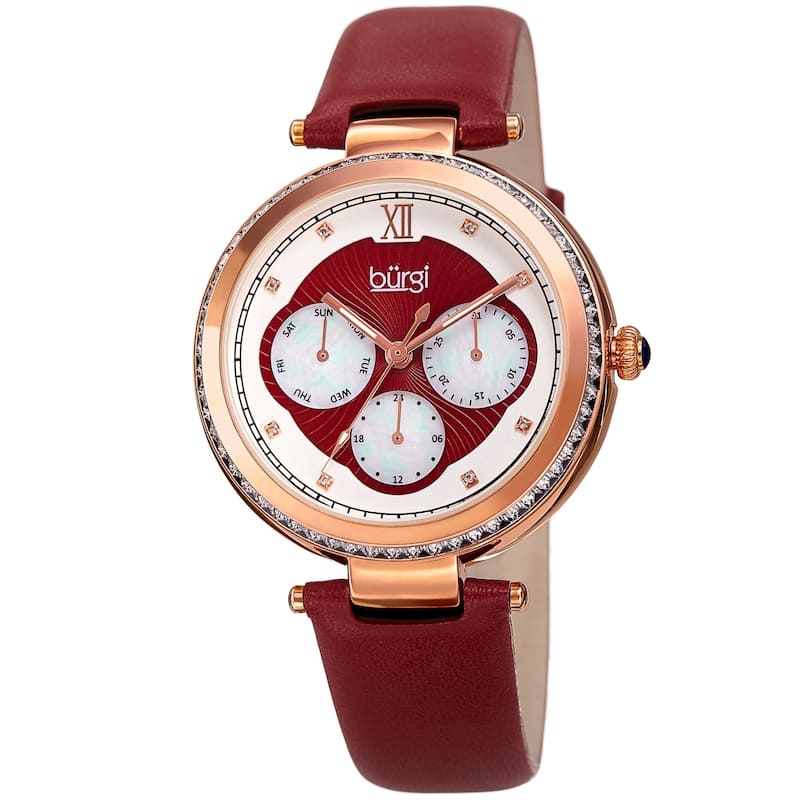 Burgi Women's Quartz Diamond Date Crystal Red Leather Strap Watch