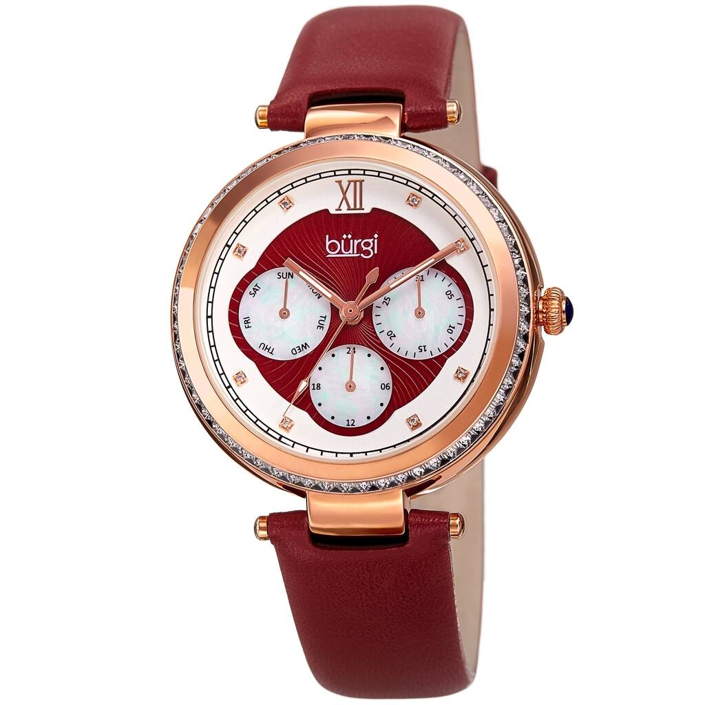 Burgi Women's Quartz Diamond Date Crystal Red Leather Strap Watch