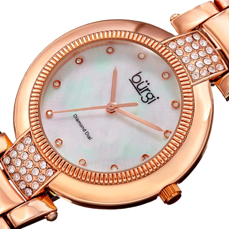 Burgi Women's Diamond Coin Edge Dial Crystal Lugs Rose-tone Bracelet Watch