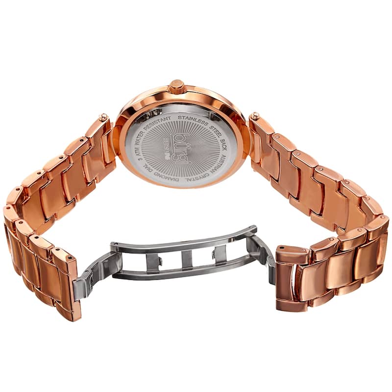 Burgi Women's Diamond Coin Edge Dial Crystal Lugs Rose-tone Bracelet Watch