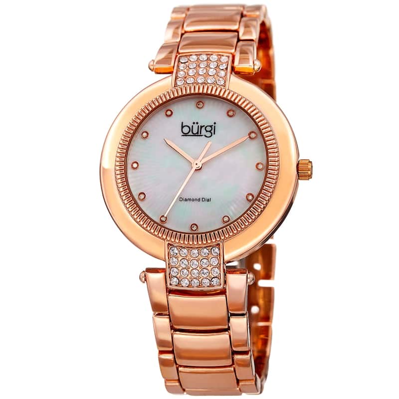 Burgi Women's Diamond Coin Edge Dial Crystal Lugs Rose-tone Bracelet Watch