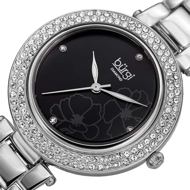Burgi Women's Diamond Swarovski Crystal Hawaiian Flower Silver-tone Bracelet Watch