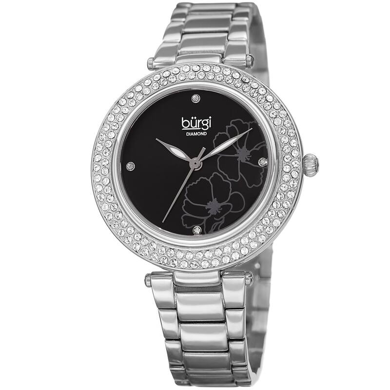 Burgi Women's Diamond Swarovski Crystal Hawaiian Flower Silver-tone Bracelet Watch