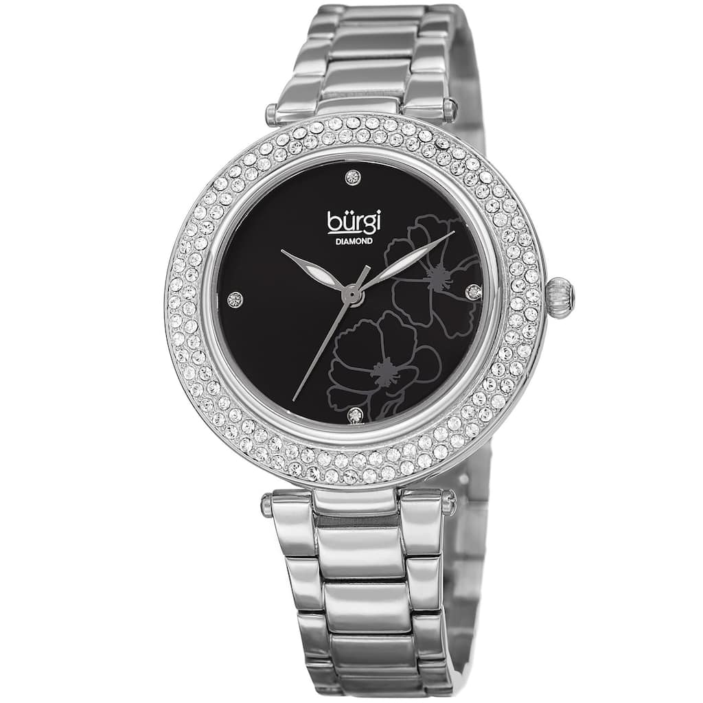 Burgi Women's Diamond Swarovski Crystal Hawaiian Flower Silver-tone Bracelet Watch