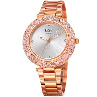 Burgi Women's Diamond Swarovski Crystal Hawaiian Flower Rose-tone Bracelet Watch