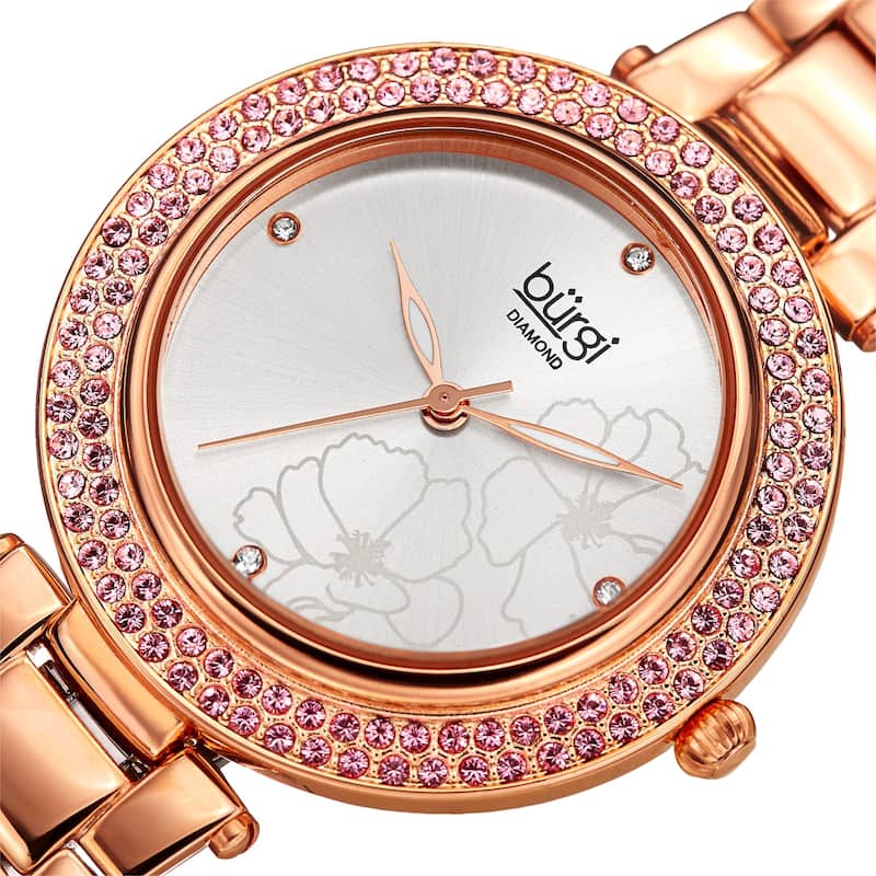 Burgi Women's Diamond Swarovski Crystal Hawaiian Flower Rose-tone Bracelet Watch