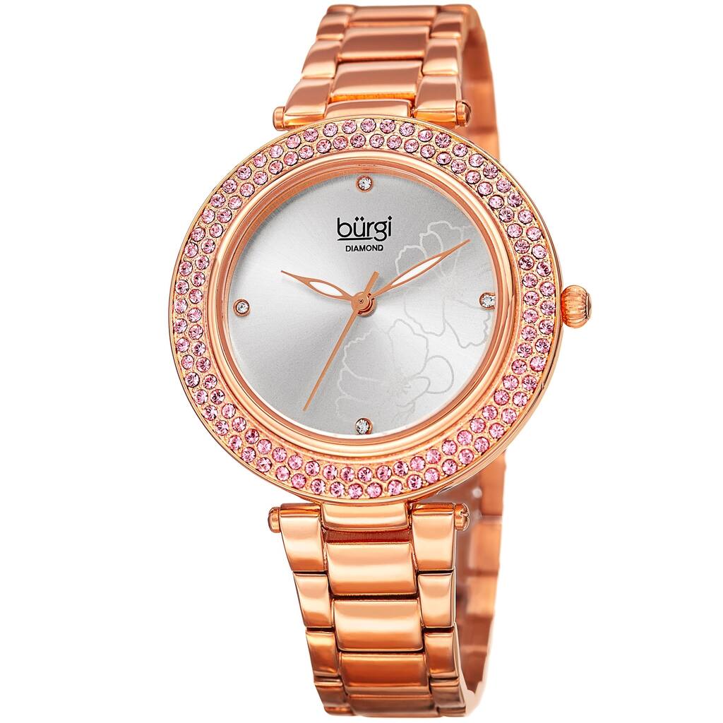 Burgi Women's Diamond Swarovski Crystal Hawaiian Flower Rose-tone Bracelet Watch