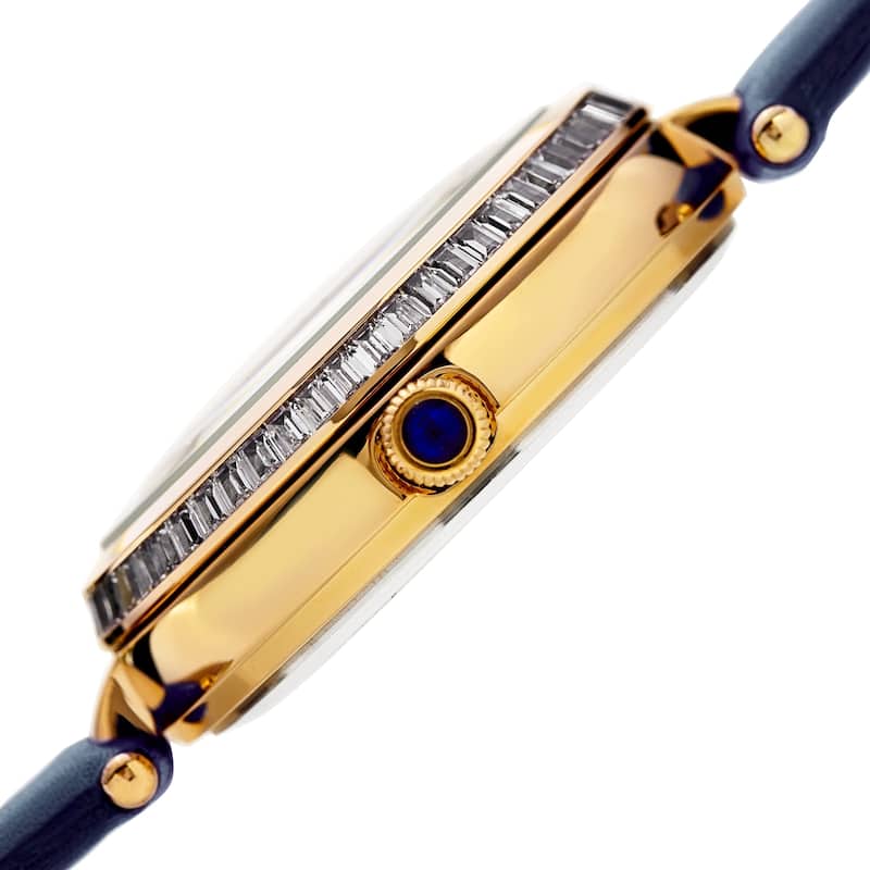 Burgi Women's Quartz Diamond Date Crystal Blue Leather Strap Watch
