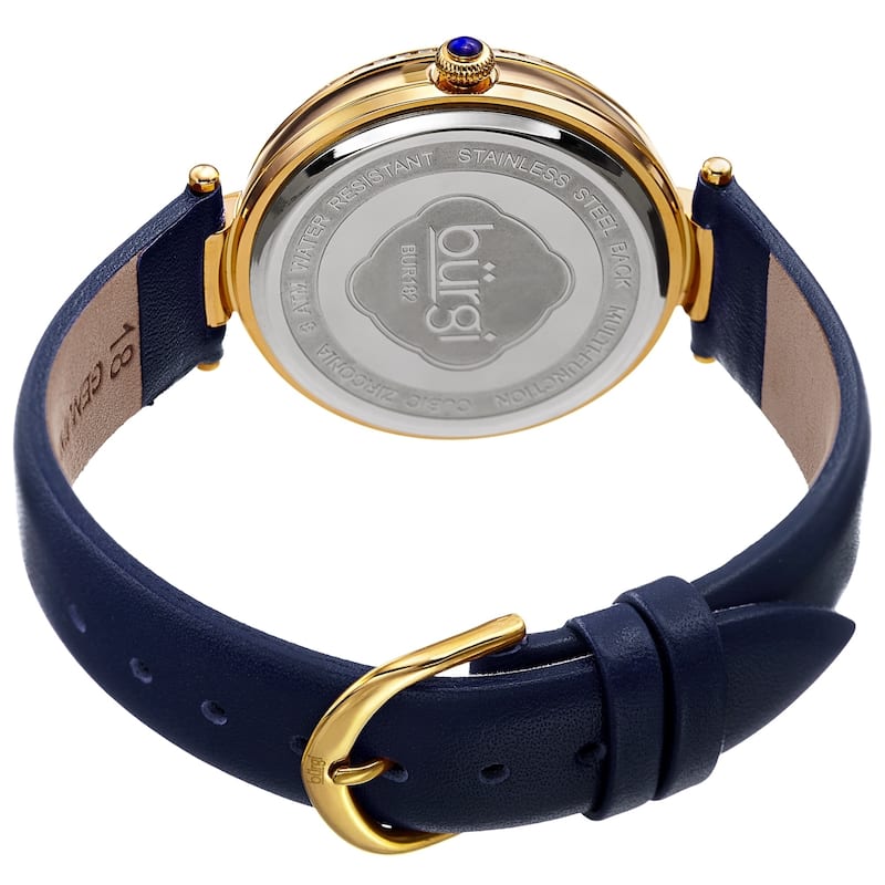 Burgi Women's Quartz Diamond Date Crystal Blue Leather Strap Watch