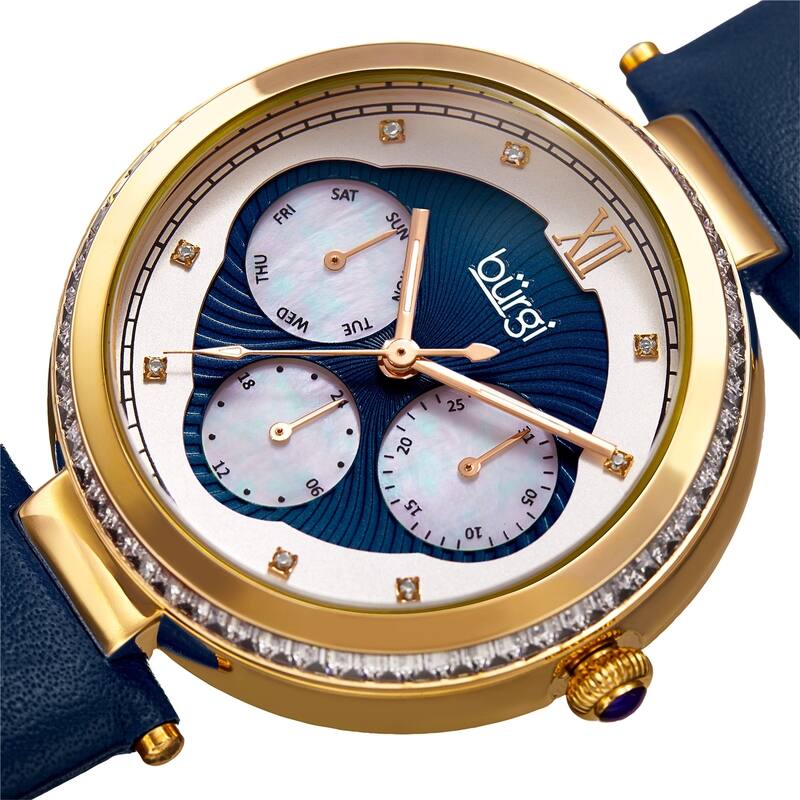 Burgi Women's Quartz Diamond Date Crystal Blue Leather Strap Watch
