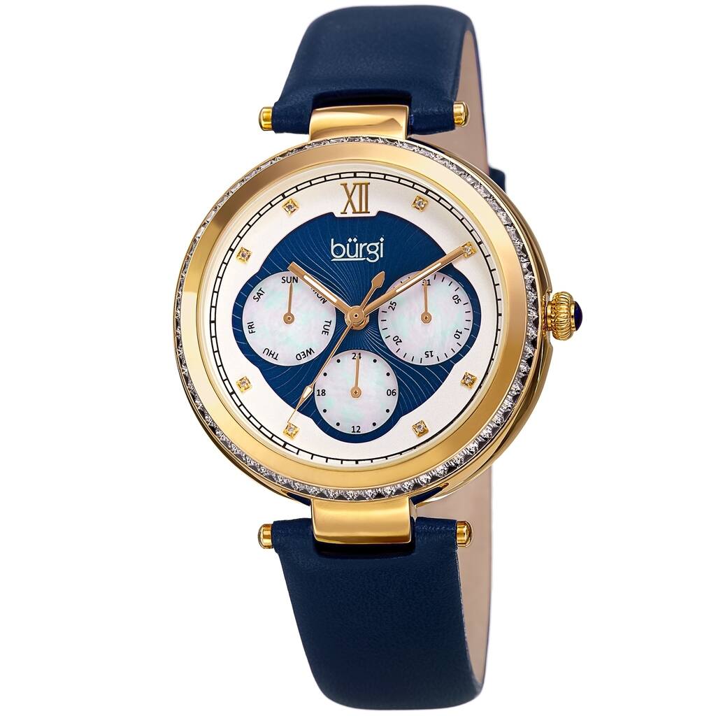 Burgi Women's Quartz Diamond Date Crystal Blue Leather Strap Watch