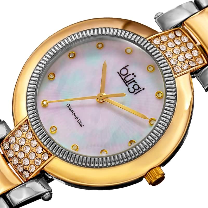Burgi Women's Diamond Coin Edge Dial Crystal Lugs Two-tone Bracelet Watch