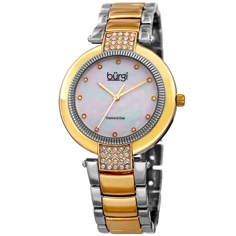 Burgi Women's Diamond Coin Edge Dial Crystal Lugs Two-tone Bracelet Watch