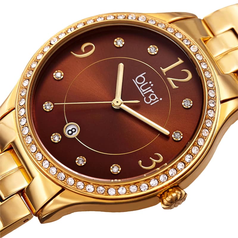 Burgi Women's Swarovski Crystal Date Sunray Dial Gold-tone Bracelet Watch