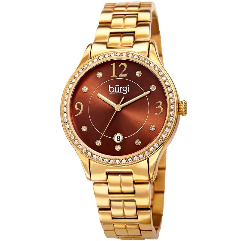 Burgi Women's Swarovski Crystal Date Sunray Dial Gold-tone Bracelet Watch
