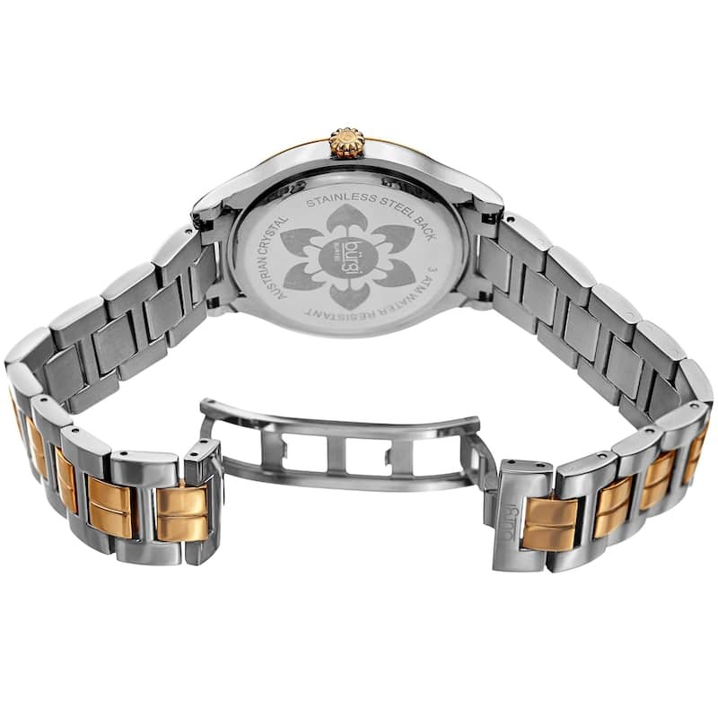 Burgi Women's Swarovski Crystal Date Sunray Dial Two-tone Bracelet Watch