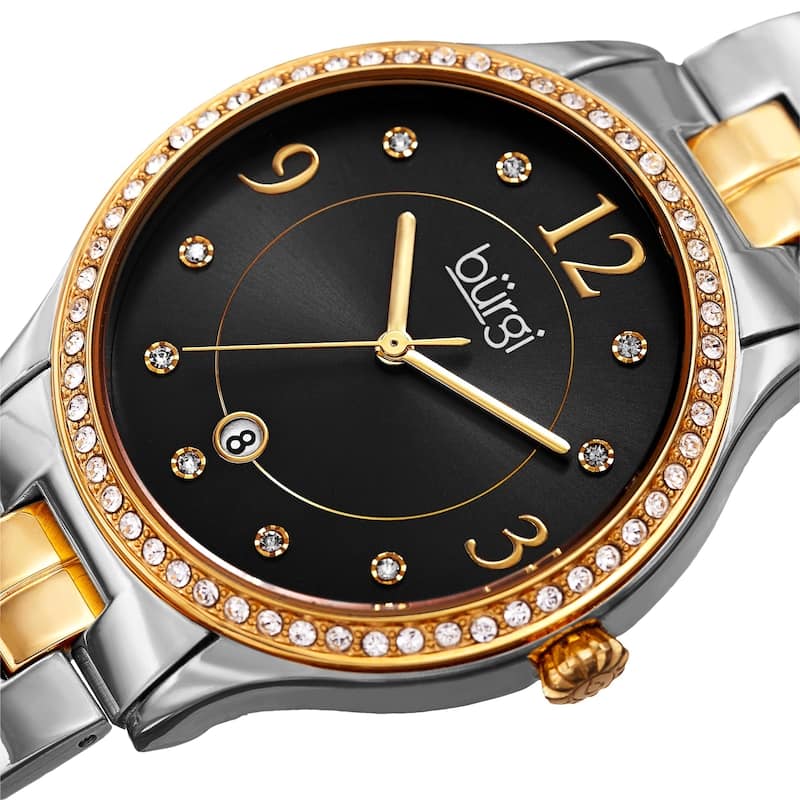 Burgi Women's Swarovski Crystal Date Sunray Dial Two-tone Bracelet Watch