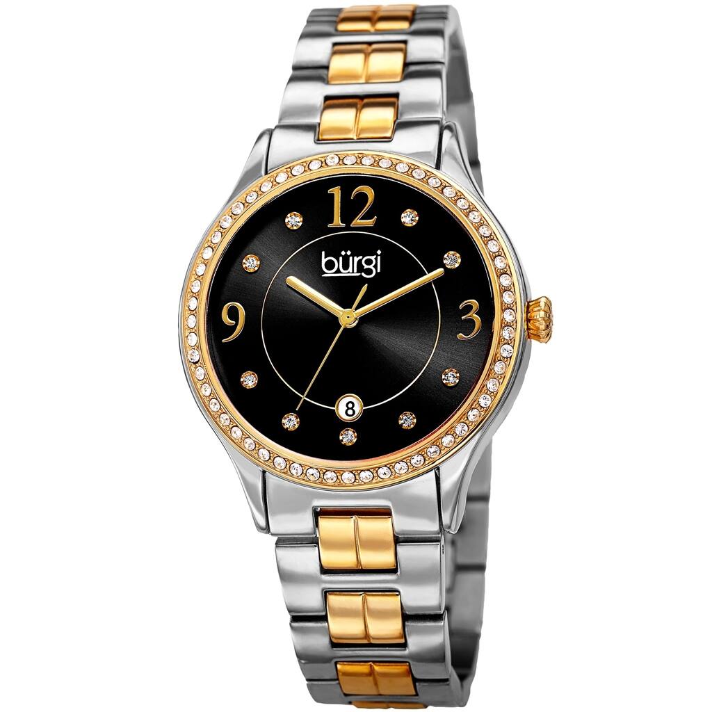 Burgi Women's Swarovski Crystal Date Sunray Dial Two-tone Bracelet Watch