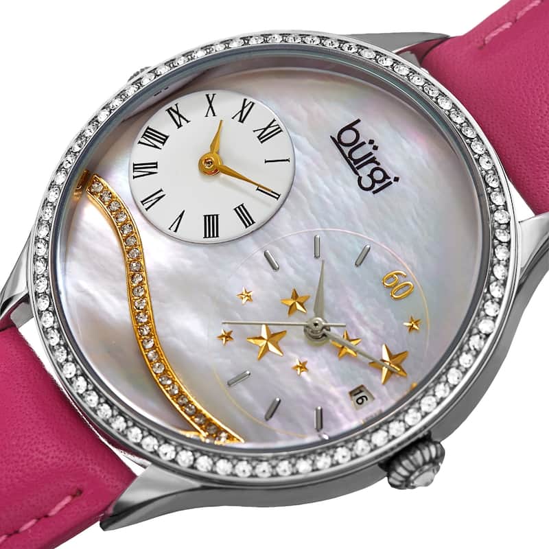 Burgi Women's Crystal Wave Dual Time Pink Leather Strap Watch