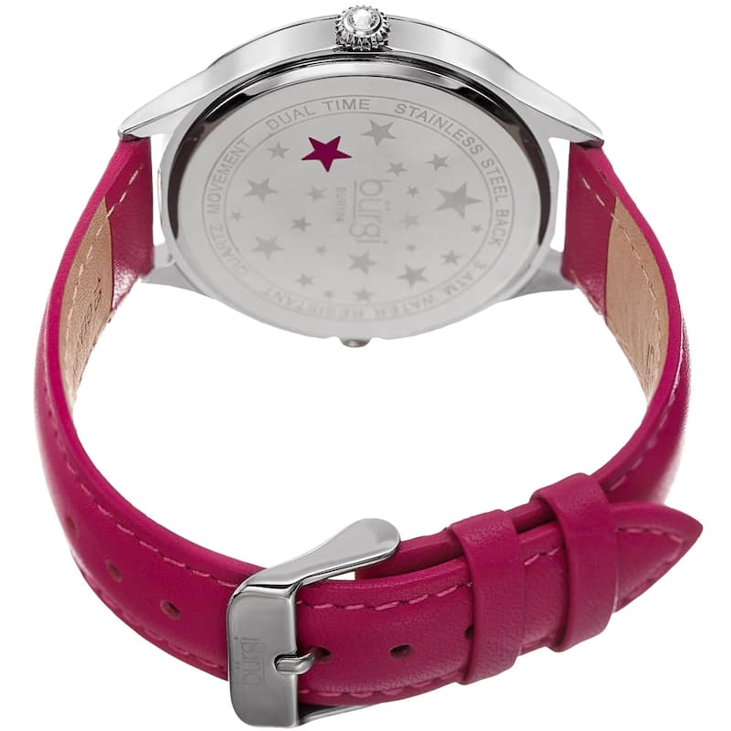Burgi Women's Crystal Wave Dual Time Pink Leather Strap Watch