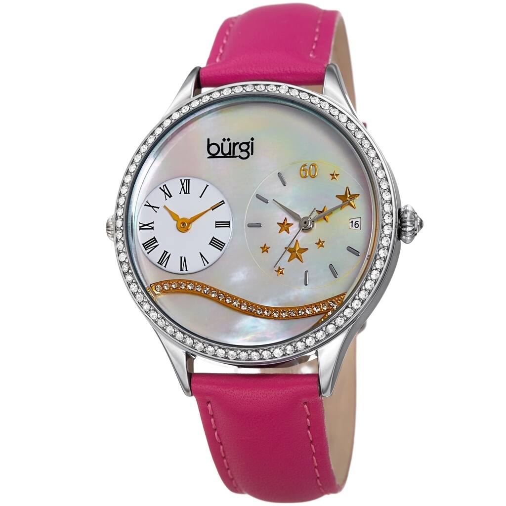Burgi Women's Crystal Wave Dual Time Pink Leather Strap Watch