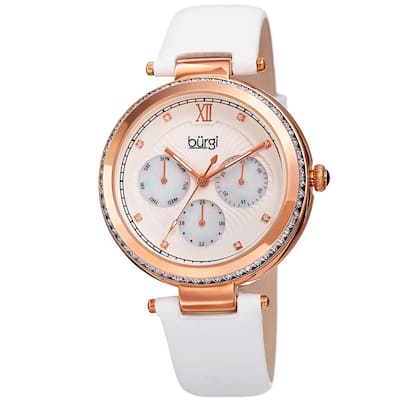 Burgi Women's Quartz Diamond Date Crystal White Leather Strap Watch
