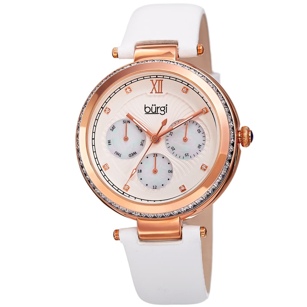 Burgi Women's Quartz Diamond Date Crystal White Leather Strap Watch