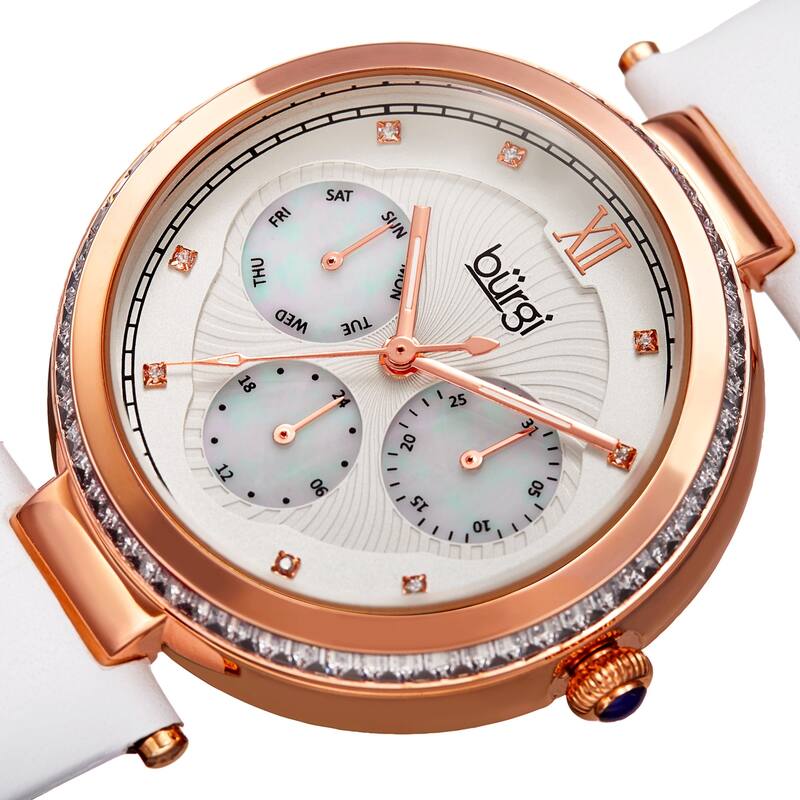 Burgi Women's Quartz Diamond Date Crystal White Leather Strap Watch