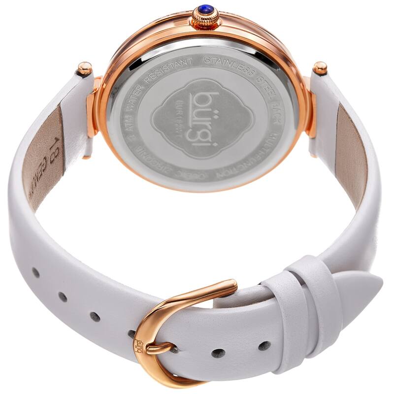 Burgi Women's Quartz Diamond Date Crystal White Leather Strap Watch