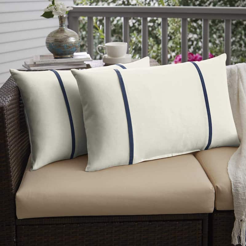 Sorra Home Sunbrella Canvas Natural and Canvas Navy Double Small Flange Indoor/ Outdoor Pillows, Set of 2