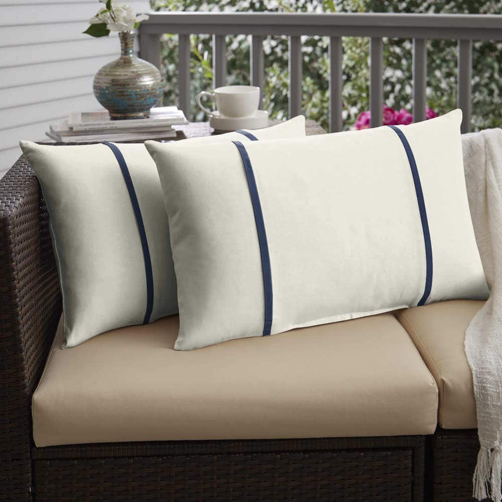 Sorra Home Sunbrella Canvas Natural and Canvas Navy Double Small Flange Indoor/ Outdoor Pillows, Set of 2