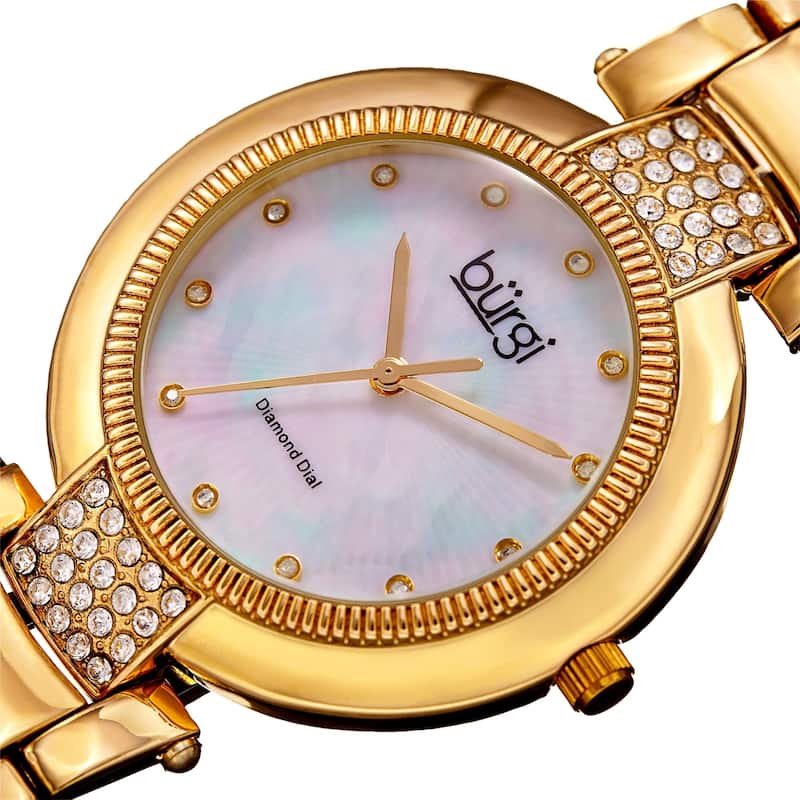 Burgi Women's Diamond Coin Edge Dial Crystal Lugs Gold-tone Bracelet Watch